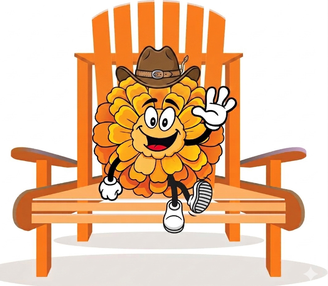 Marigold Mascot sitting in a Big Chair